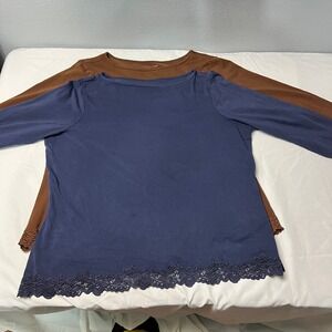 Lot of 2 Coldwater Creek Blue Brown Lace Trim Boat Neck 3/4 SL Tunic Top Size 1X